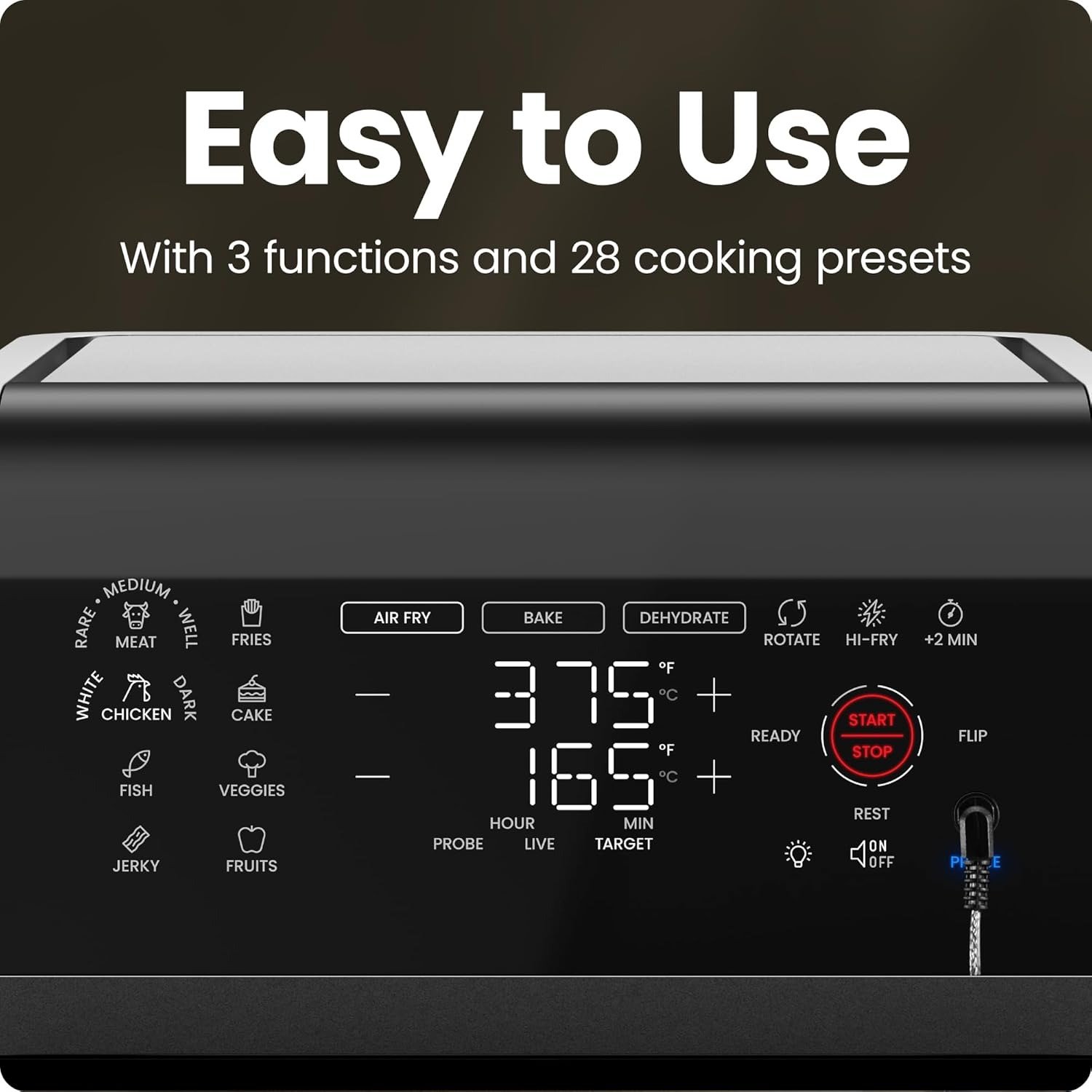 12QT 6-in-1 Electric Air Fryer, Integrated Smart Thermometer, 28 Touch Presets, Rotisserie, Convection Oven, Black