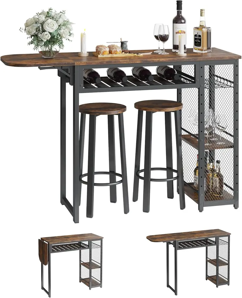 Rustic Expandable Bar Table Set – 2-Stool Dining Combo with Wine Rack, 3-Tier Adjustable Shelves, and Counter Height Design
