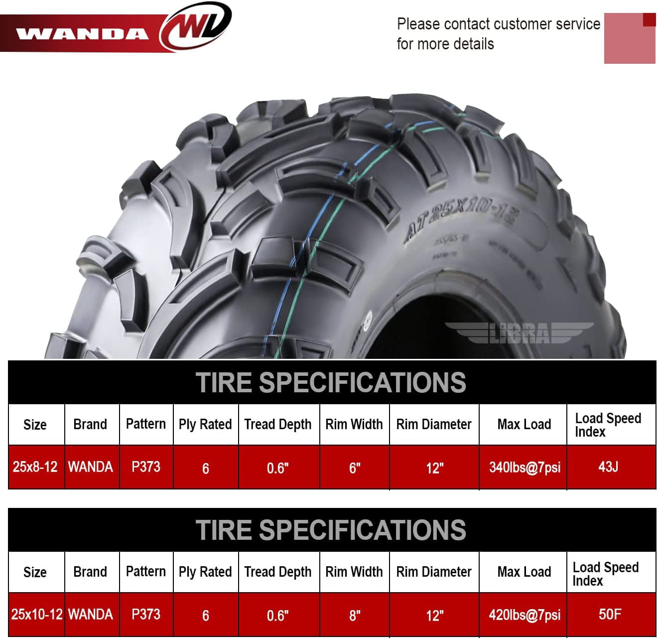Wanda ATV/UTV Tires 25×8-12 Front and 25×10-12 Rear /6PR P373, Set 4