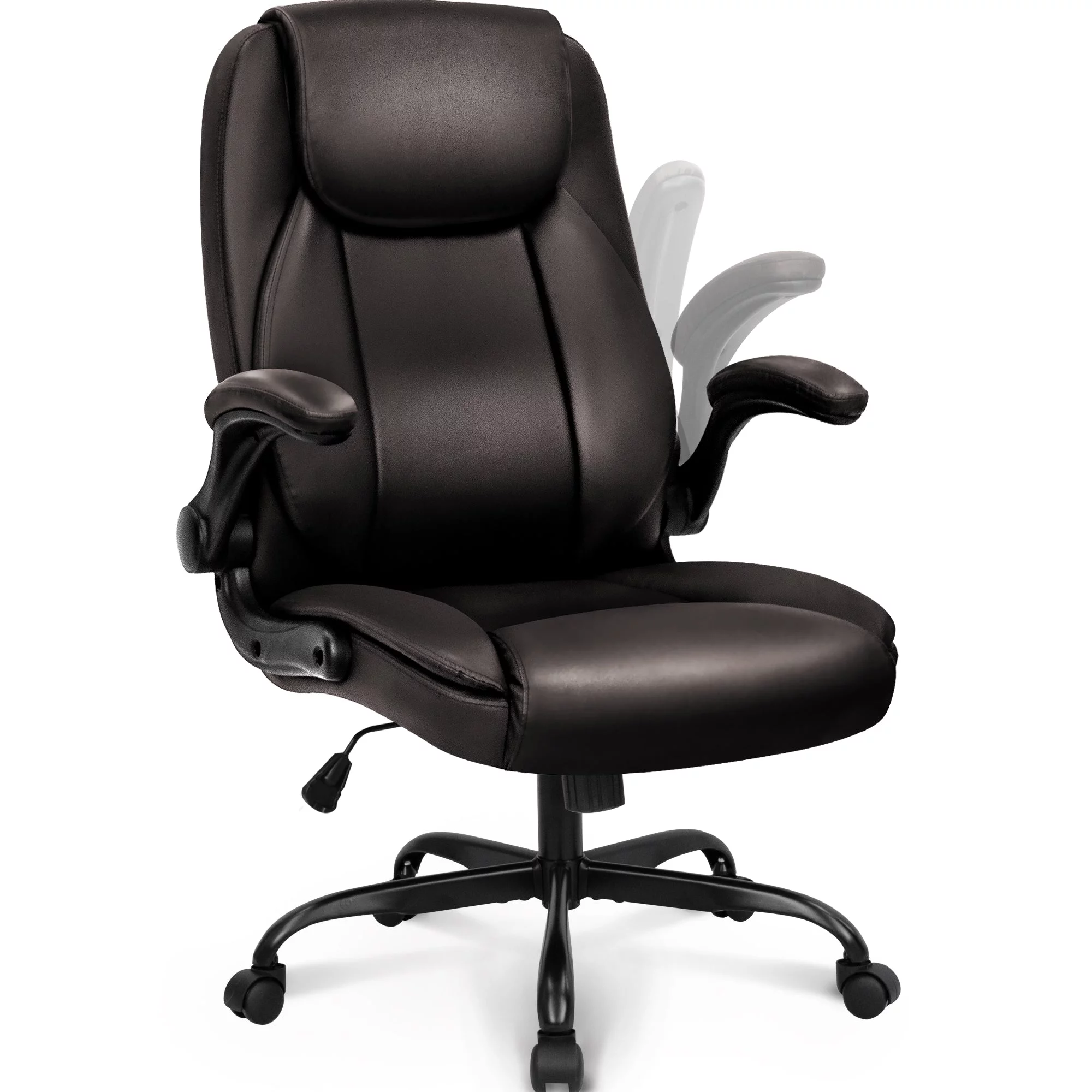 NEO CHAIR Ergonomic PU Leather Executive Office Chair Cushioned Back Support Flip-up Armrest, Brown