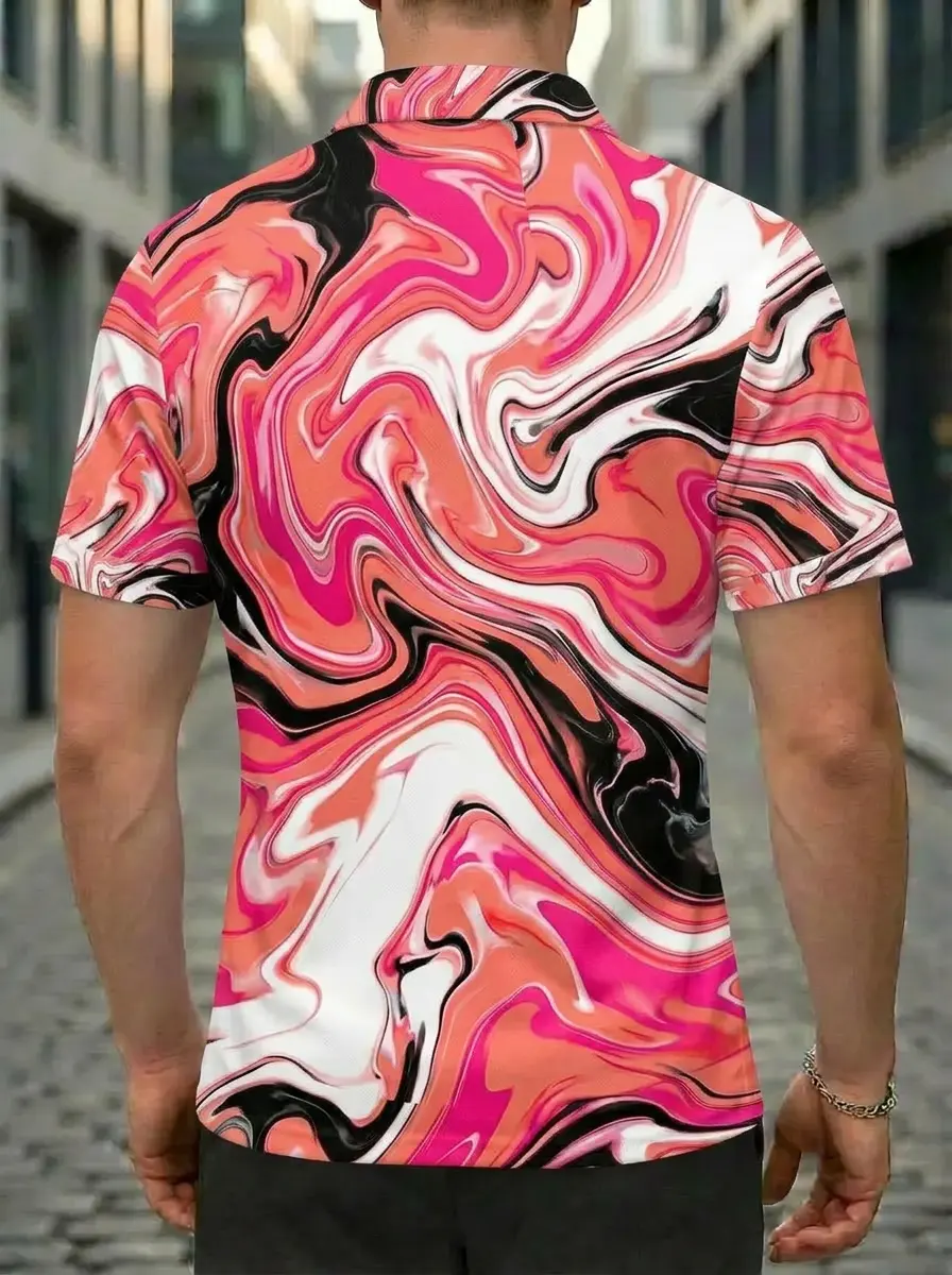 Moisture Wicking Golf Polo 3D Pink Orange Black White Marble Swirl Button Short Sleeve Golf Polo Shirt