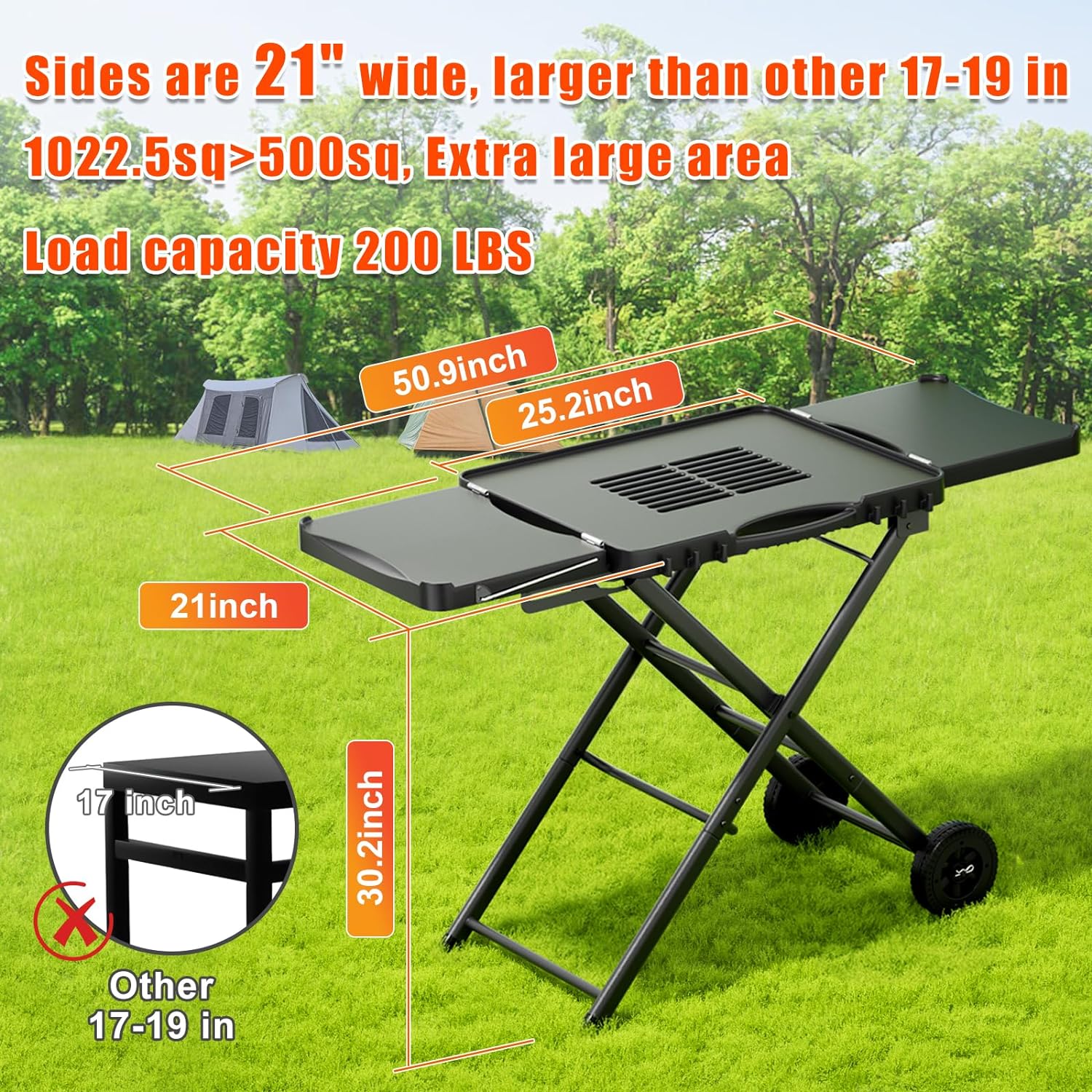 Portable Grill Cart for Outdoor Grills - Large Space Collapsible Stand with Side Shelf