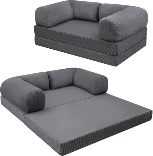 COMAX Folding Sofa Bed, Convertible Chair Bed Corduroy 3-in-1 Foldable Floor Couch with High-Density Foam, Futon Sofa Sleeper Mattress, Comfy Fold Out Lounge for Living Room, Dark Grey, Twin