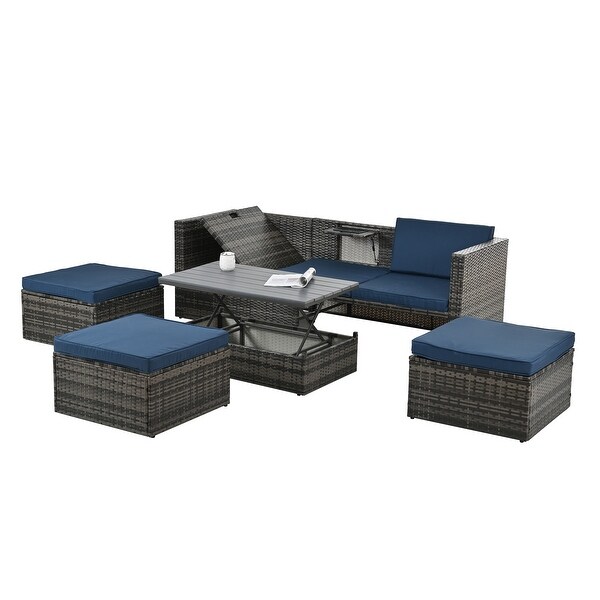MultiFunctional Patio Sectional Furniture Set,5 Set PE Wicker Lounger Sofa Set with Adjustable Seat and Lift Coffee Table