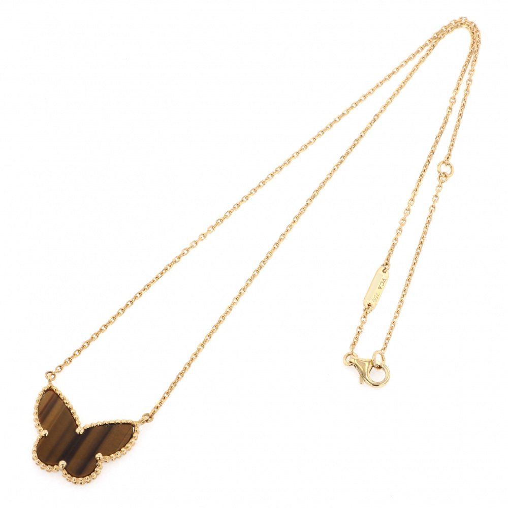 Van Cleef & Arpels Lucky Alhambra Papillon Necklace 18K Yellow Gold Tiger Eye