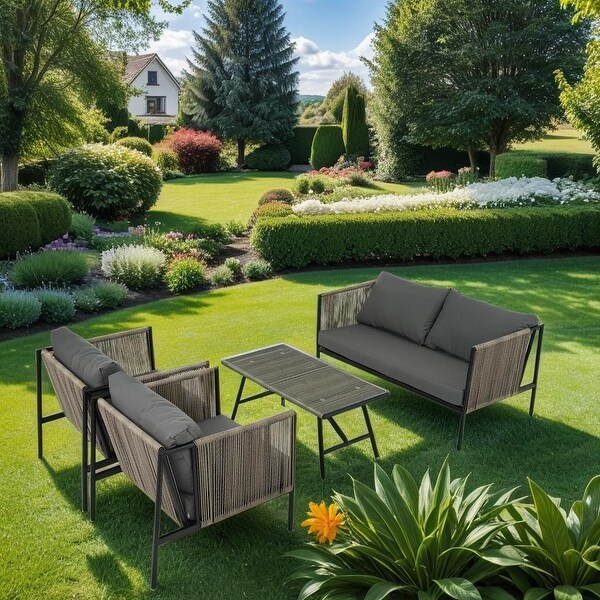 4Piece Rope Sofa Conversation Sets with Cushions and Table