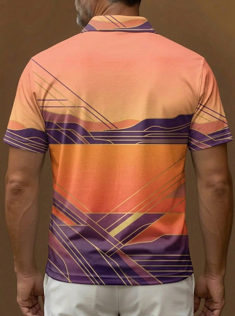 Orange Purple Art Deco Gradient Print Short Sleeve Golf Polo Shirt