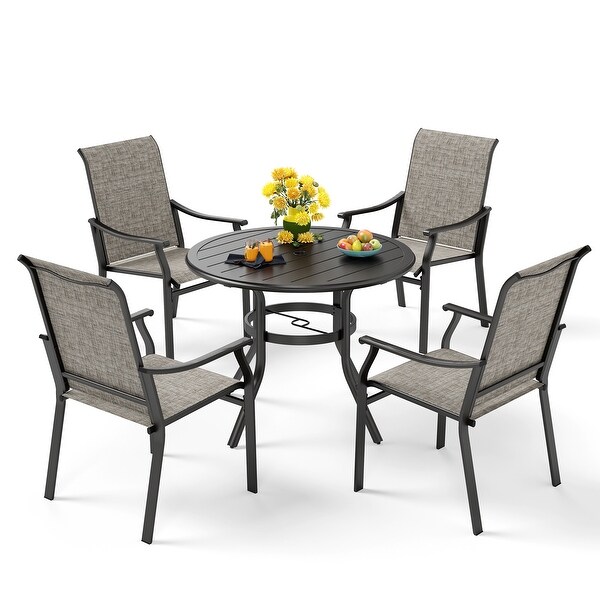 MAISON ARTS 5/7Piece Patio Dining Set,Round Metal Table and 4/6 Textilene Fabric Padded Armchairs
