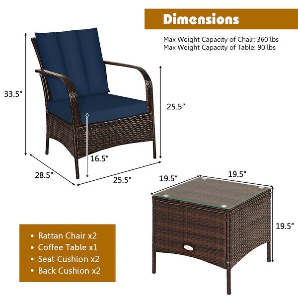 3 PCS Patio Furniture Set 2 Rattan Chairs and Glass Top Coffee Table