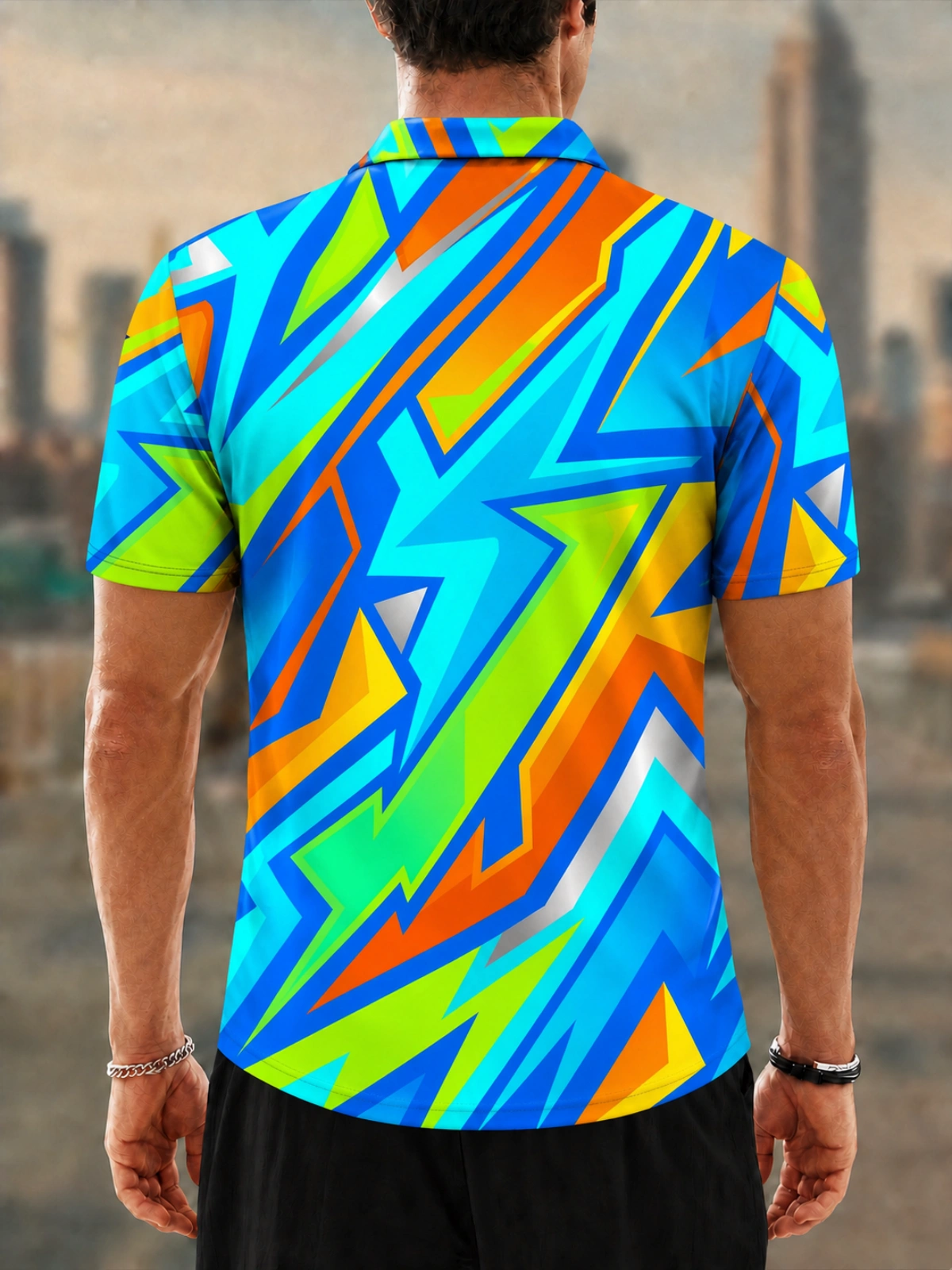 Moisture Wicking Golf Polo 3D Neon Lightning Zigzag Abstract Geometric Button Short Sleeve Golf Polo Shirt