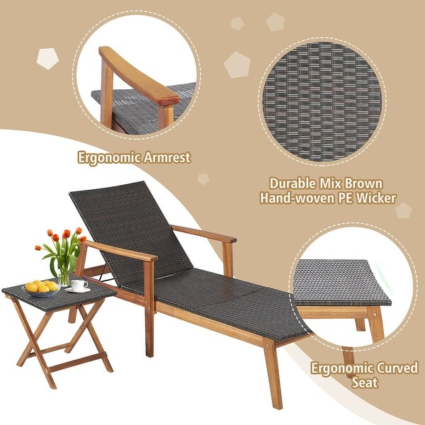 Costway 2PCS Patio Rattan Lounge Chair Chaise Recliner Wood Back