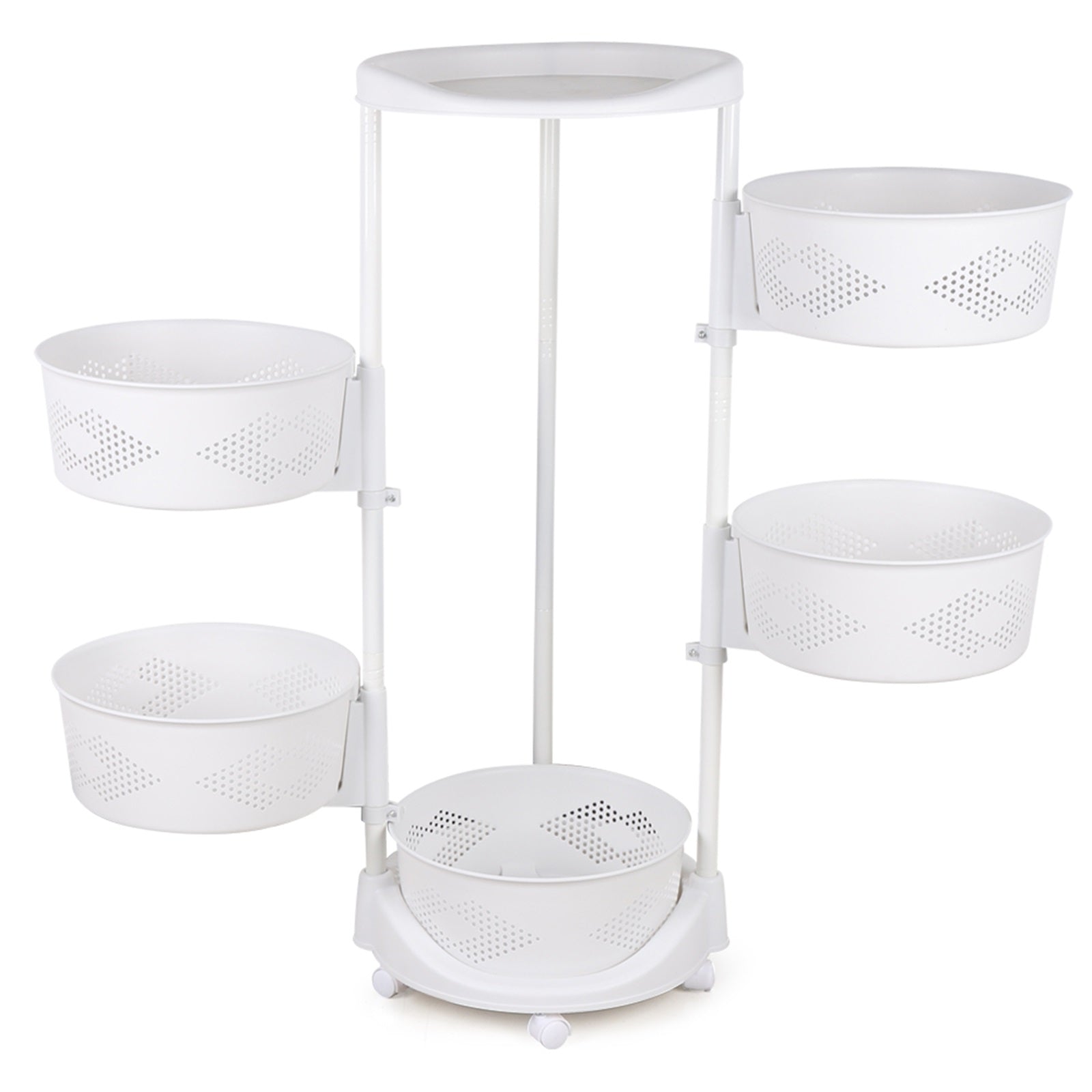 Rotating Fruit and Vegetable Baskets with Wheels, 5-Tier Height Adjustable Contertop Rack Kitchen Storage Organizer White