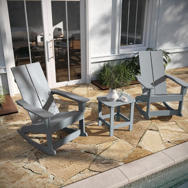 2 Modern Dual Slat Poly Resin Adirondack Rocking Chairs with Side Table