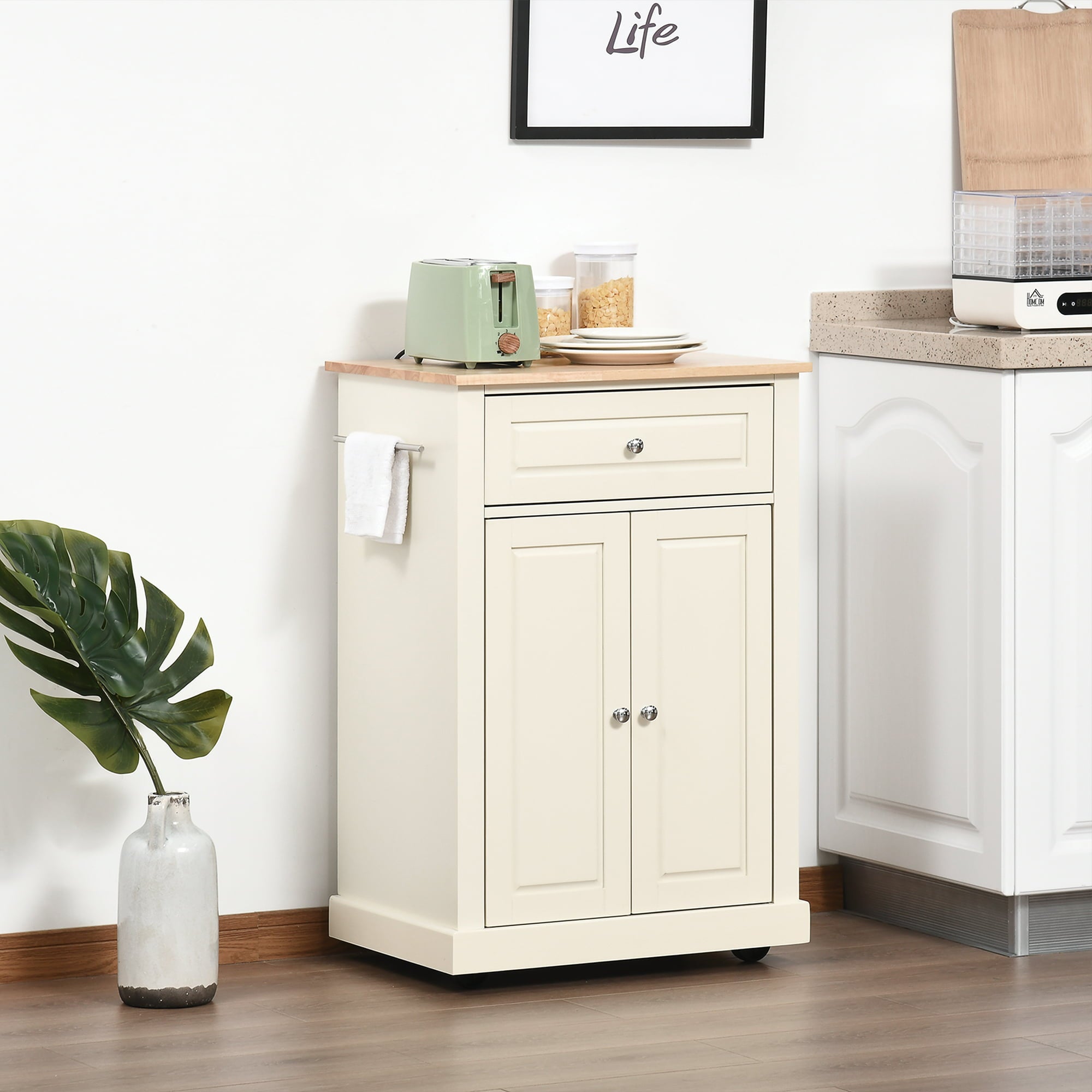 HOMCOM Rolling Kitchen Island Cart, Portable Serving Trolley Table with Drawer, Adjustable Shelf and 2 Towel Racks, Cream White