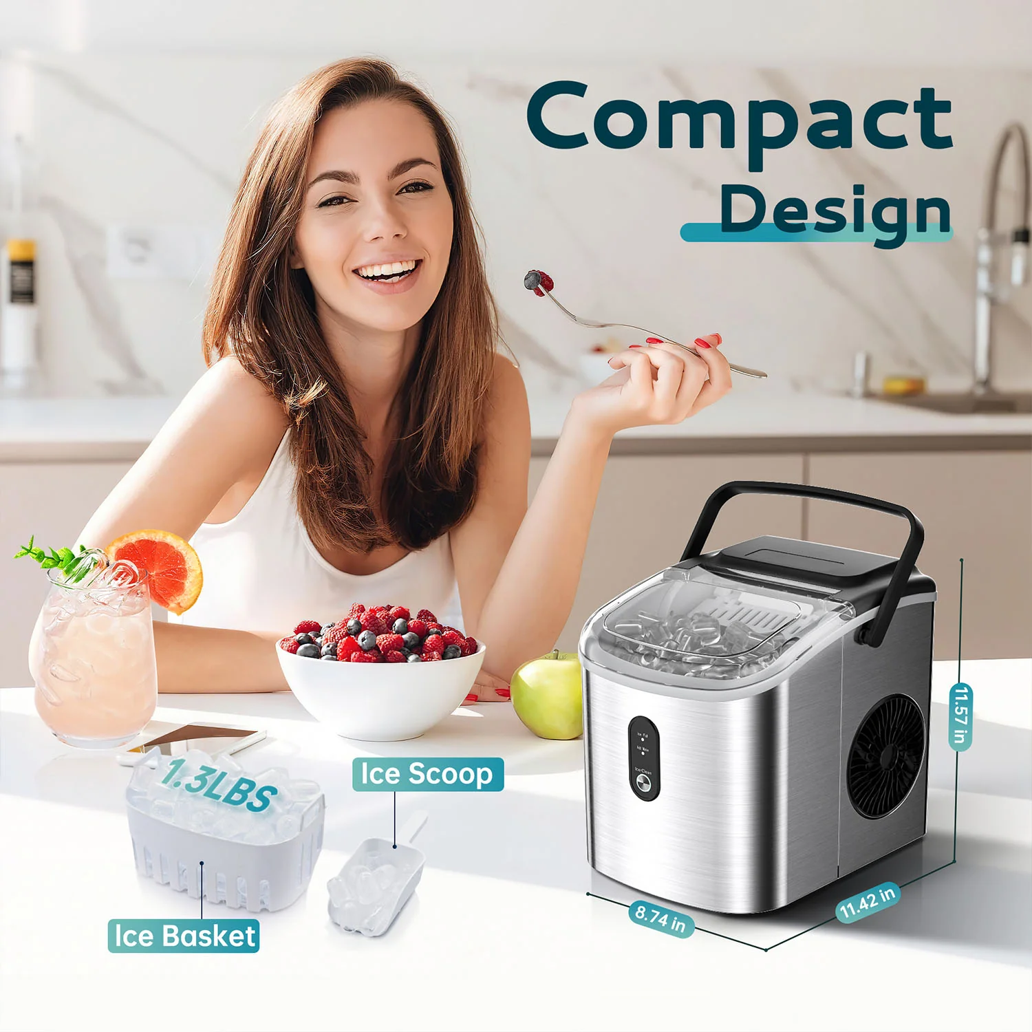 Countertop Ice Maker Machine with Handle 26.3lbs per Day 9 Cubes in 6 Mins
