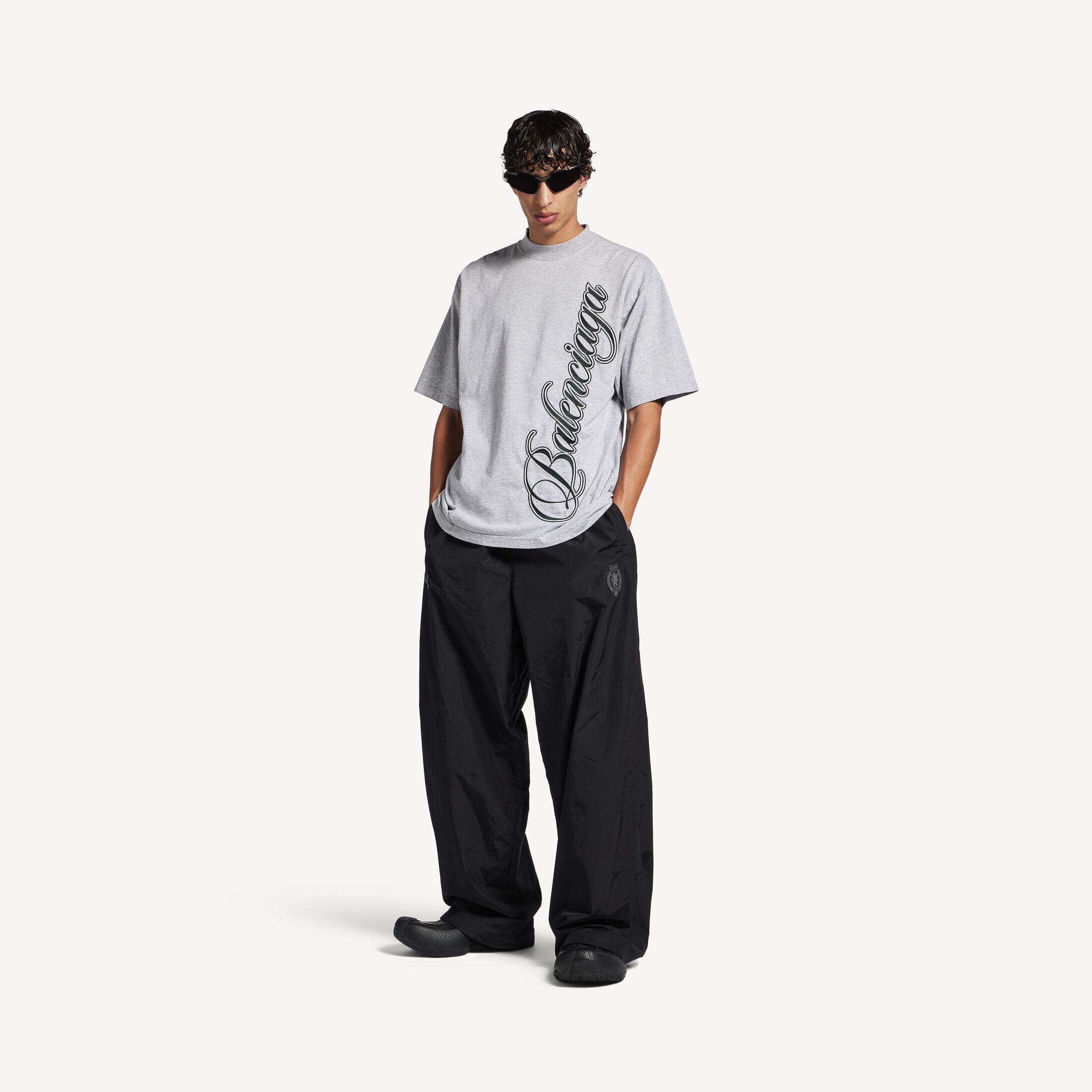 BALENCIAGA  Cursive Medium Fit T-Shirt in light heather grey and black dry jersey