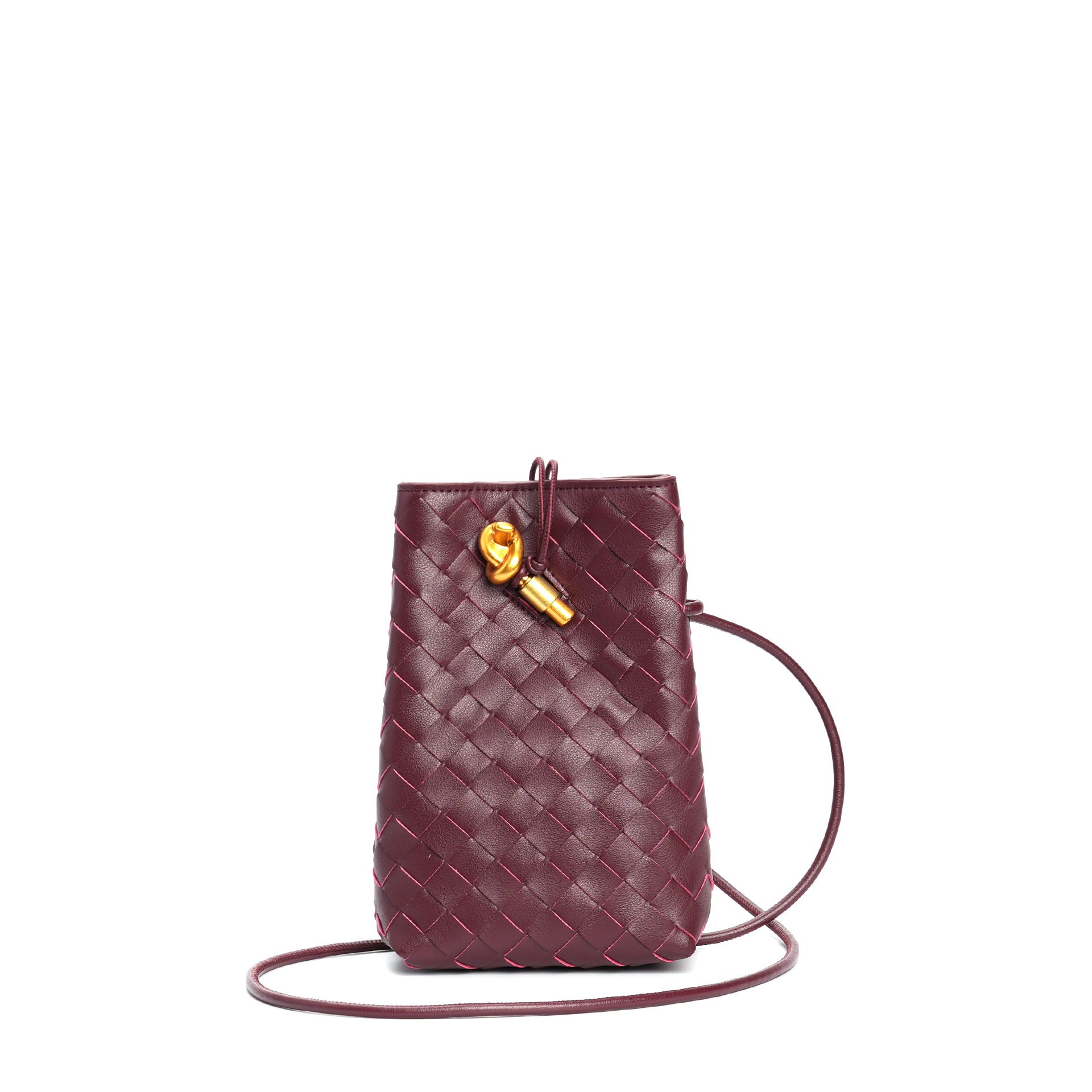 Burgundy Woven Leather Crossbody Bucket Bag