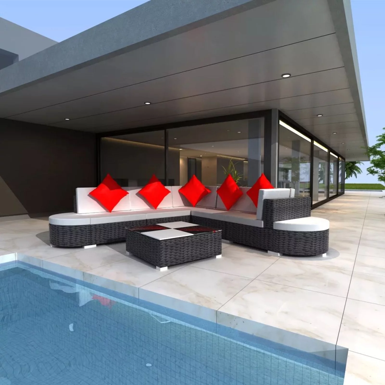 Dcenta 8 Piece Patio Lounge Set with Cushions 3 Center Sofas, 2 Corner Sofa, Half-Round Ottoman, Tea Table Conversation Set Poly Rattan Black Outdoor Sectional Sofa Set for Garden, Balcony, Deck