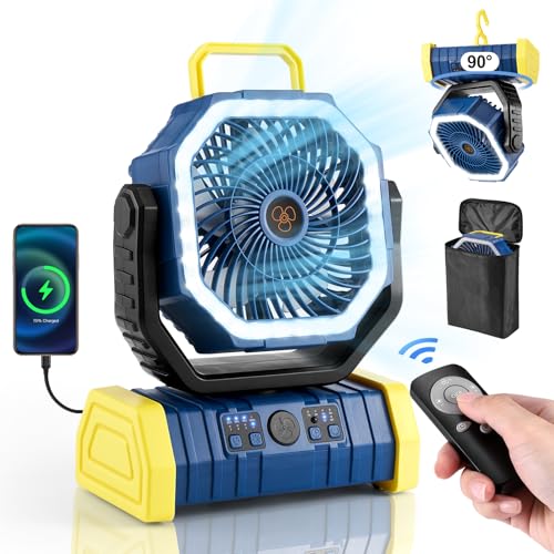 Odoland 30000mAh Camping Fan with LED Lantern, Rechargeable Battery Operated Oscillating with Remote Hook Stroage Bag, Portable Tent Fan with Timer, 4 Speeds for Outdoor RV Jobsite Power Outage, Green