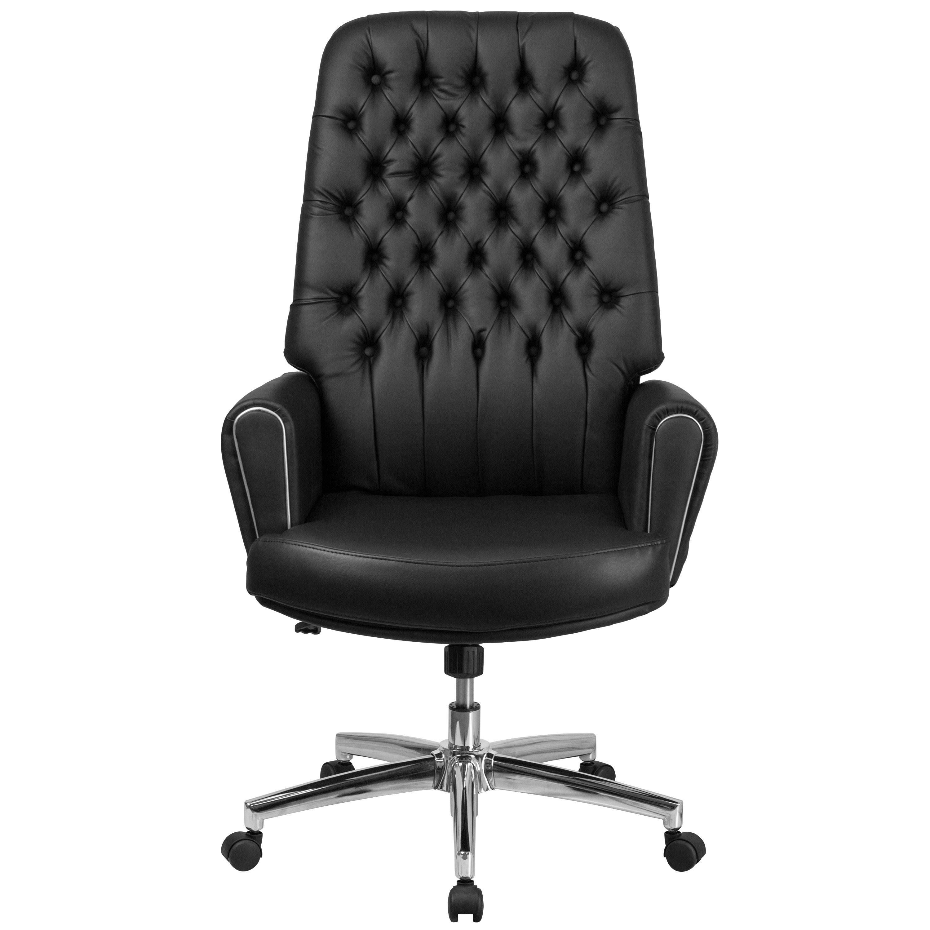 High Back Traditional Tufted Black Leather Executive Swivel Office Chair with Silver Welt Arms