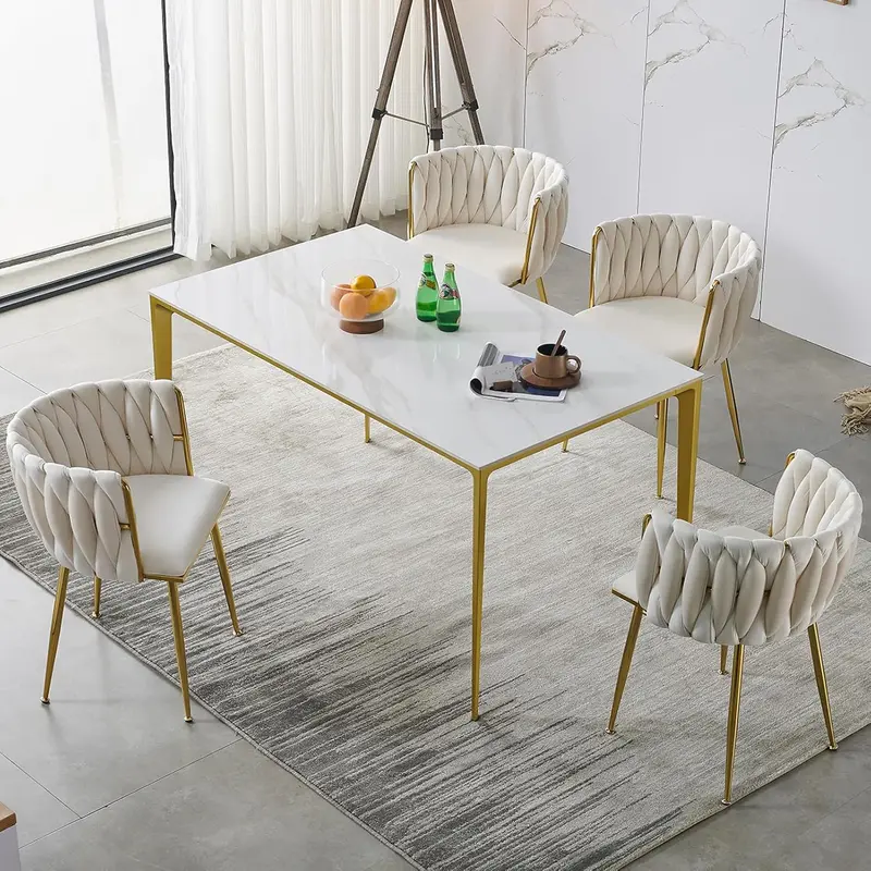 Set of 4 Beige Velvet Dining Chairs: Woven Upholstery with Gold Metal Legs – Contemporary Design for Dining, Living or Bedroom