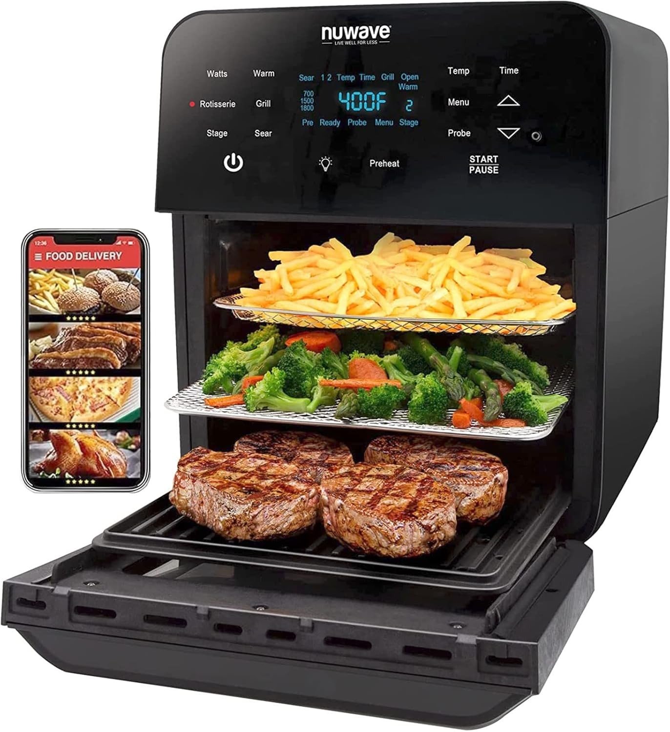 15.5QT XL Air Fryer Oven, 1800W Convection, Smart Thermometer, 100 Presets, Rotisserie & Grill/Griddle, Dishwasher Safe, Black