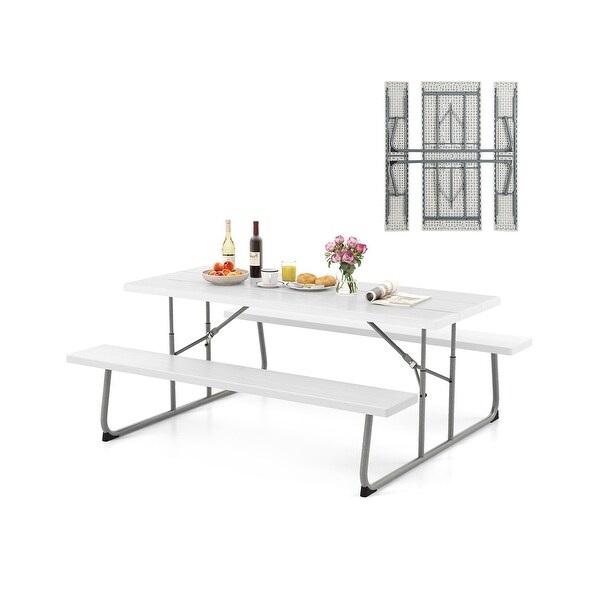 Folding Picnic Table Set with Metal Frame and AllWeather HDPE Tabletop,Umbrella Hole