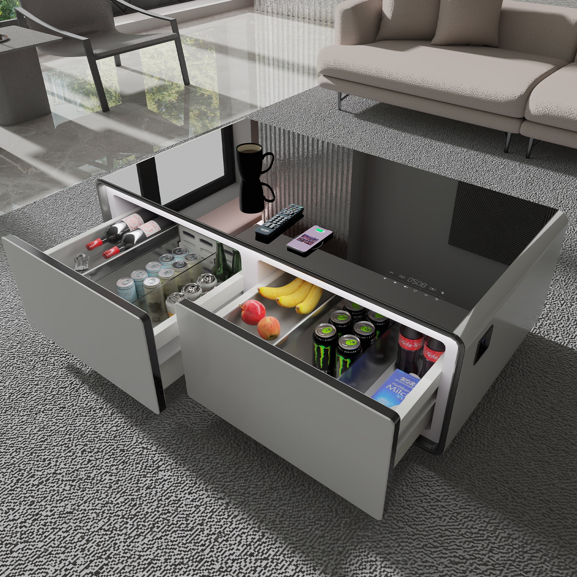 Livtab Smart Coffee Table with Built-in Fridge, Bluetooth Speakers, Wireless Charging, USB Ports and Outlets, Panel, LED Lights for Living Room, White