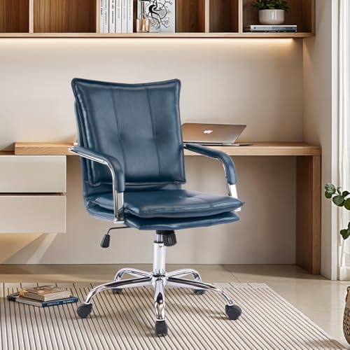 MOJAY Mid-Back Ergonomic Leather Office Desk Chair, Modern Upholstered Computer Chair, Executive Office Chair with Arms, Swivel Adjustable Rolling Chair with Gold Base (Brown)