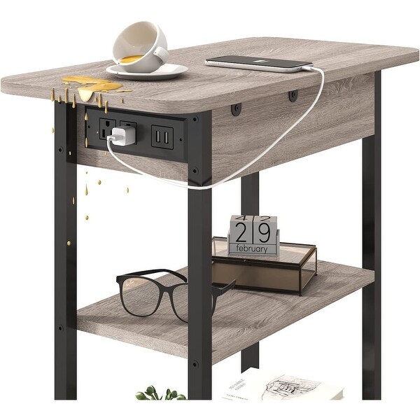 Set of 2 Flip Top Narrow Side Table,Nightstands,End Tables Greige