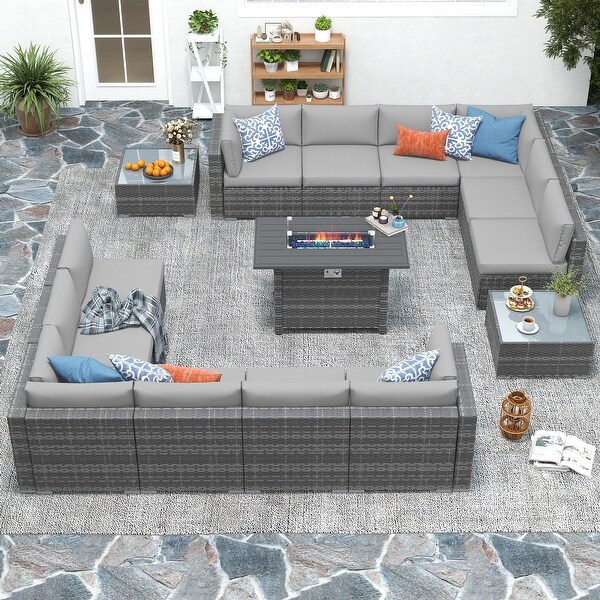 15 Piece Wicker Set Patio Sofa Furniture with Fire Pit And Table