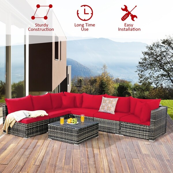 7PCS Patio Rattan Furniture Set Sectional Sofa Garden Cushion