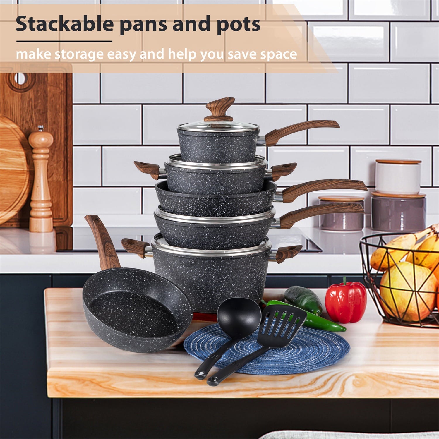 MF Studio 12 Pieces Cookware Set Granite Nonstick Pots and Pans Dishwasher Safe Black