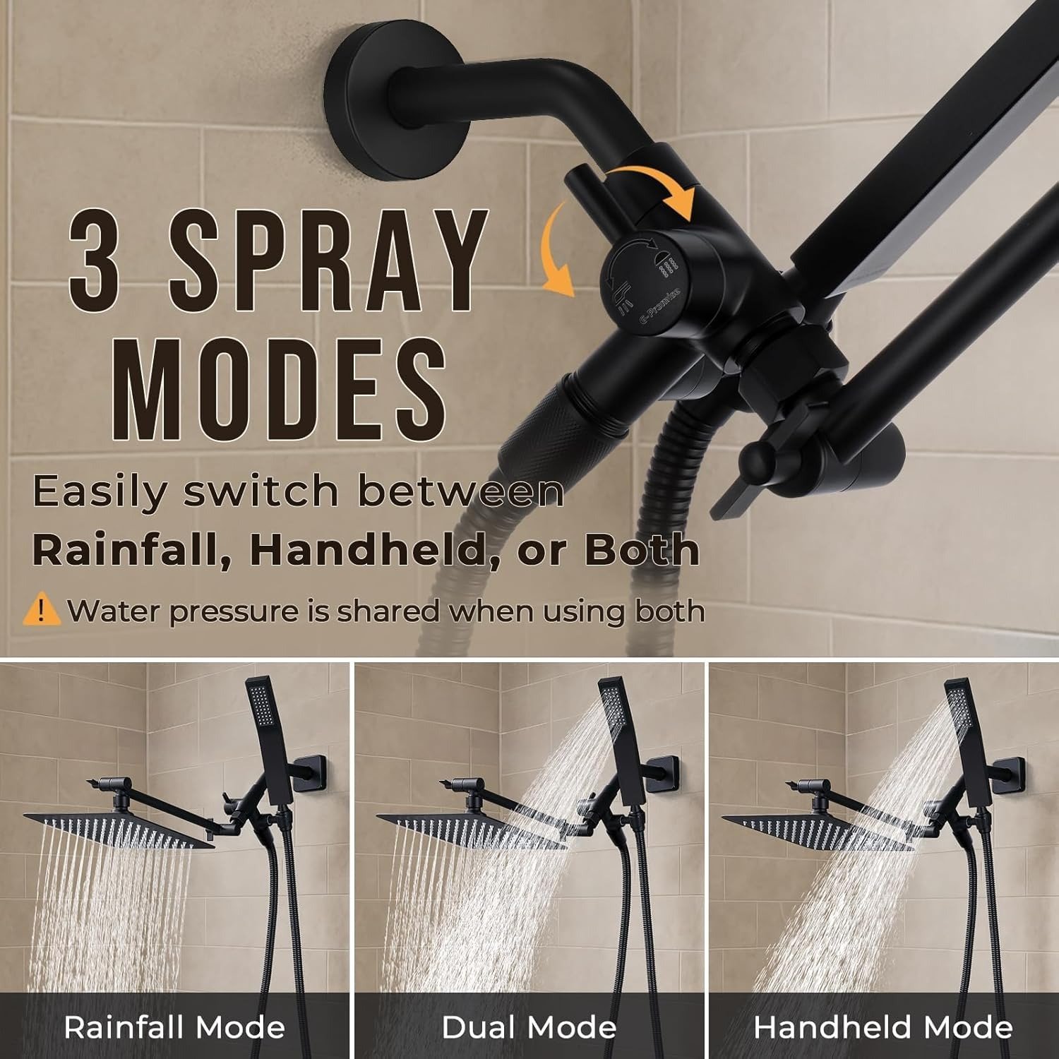 8-Inch Square Dual Shower Head Combo, All-Metal Handheld with Adjustable Extension Arm (Matte Black)