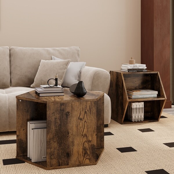 47.24'' Hexagonal Coffee Table Side Table Nightstand Antique Wood 2PCS