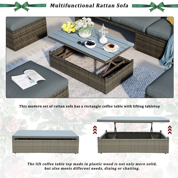 Roomfitters Patio Furniture Set,5Piece Wicker Sofa with Adjustable Backrest,Cushions,Ottomans,LiftTop Coffee Table