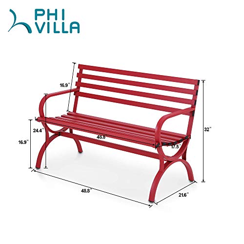 PHI VILLA 50-Inch Cast Iron Steel Frame Garden Bench Outdoor Patio Bench Chair w/Floral Design Backrest, Slatted Seat for Park, Yard & Porch, Black