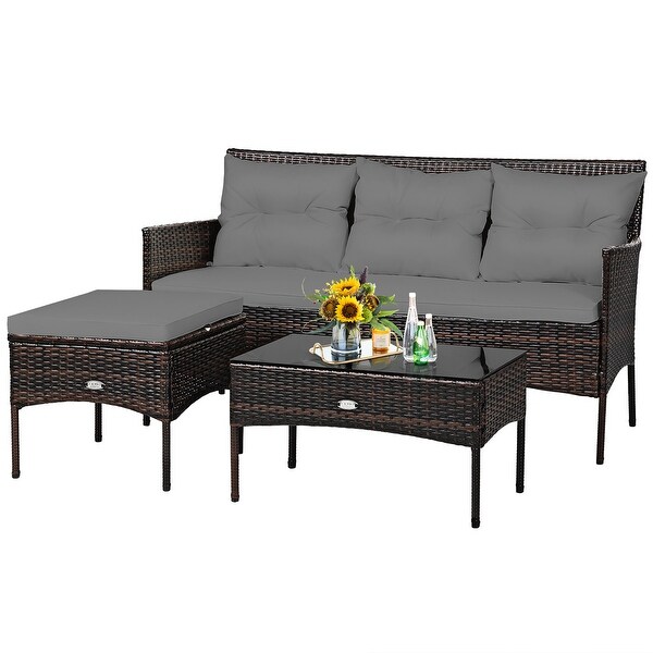 Costway 3PCS Patio Rattan Furniture Set 3Seat Sofa Cushioned Table