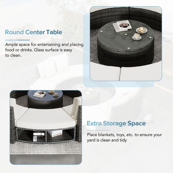 Circular Sectional Spacious Rattan Wicker Patio Furniture Set with Tempered Glass Coffee Table and 6 Pillows