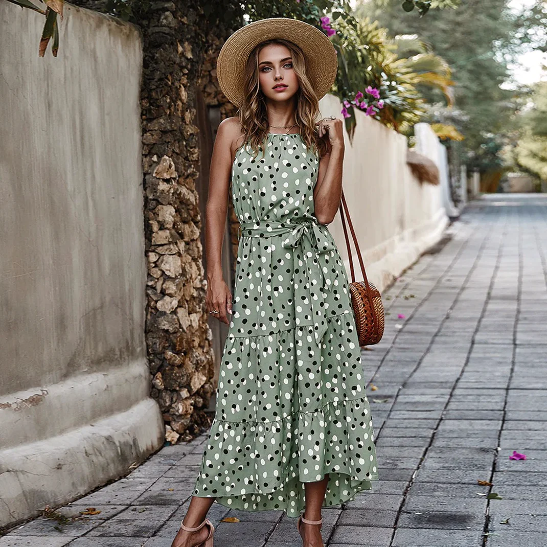 Tiered Halter Maxi Dress | Polka Dot A-Line SundressClistos