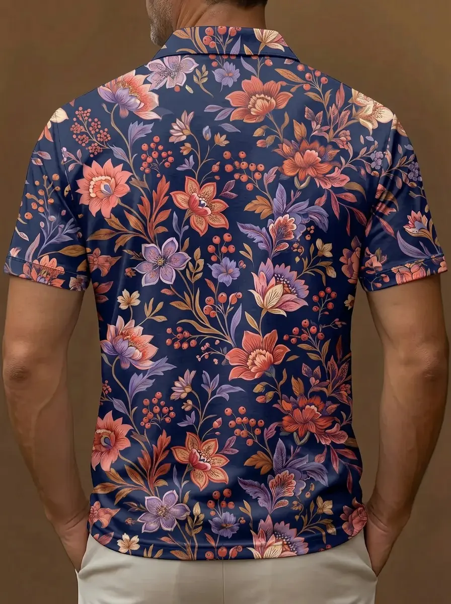 Vintage Floral Botanical Print on Navy Blue Short Sleeve Golf Polo Shirt