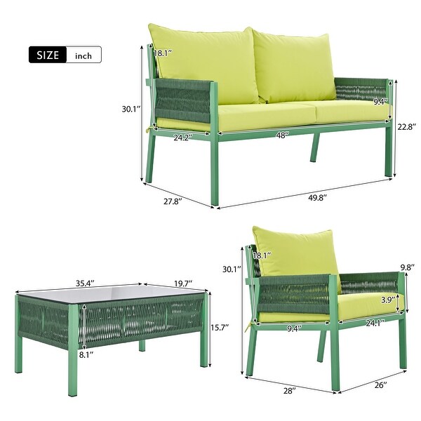 4Piece Rope Patio Furniture Set with Tempered Glass Table