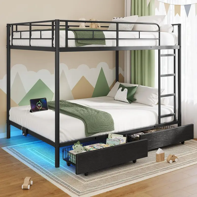 Rolanstar Twin-over-Twin USB-Ready Bunk Bed — LED Lighting, 2 Storage Drawers, and Charging Ports