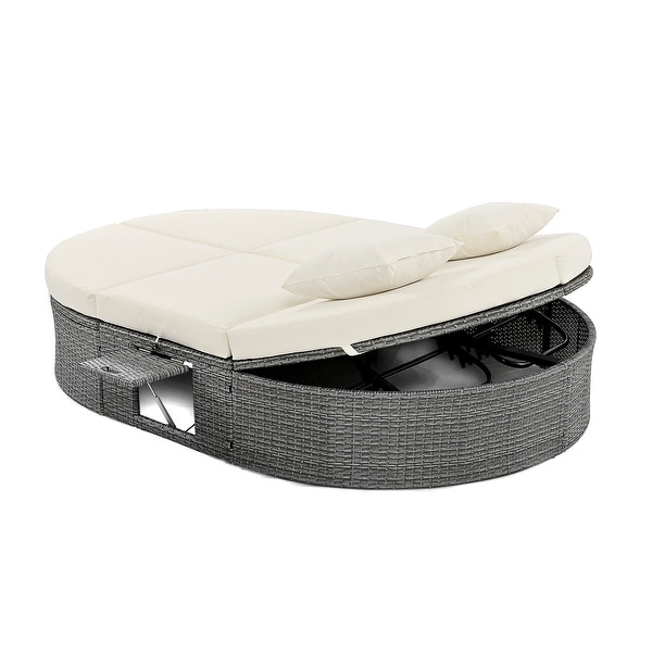 2Person Rattan Garden Reclining Chaise Lounge Daybed with Cup Trays