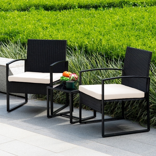 3 Piece Patio Bistro Set Outdoor Furniture Set with Glass Table,Rattan Conversation Sets for Porch Garden Balcony
