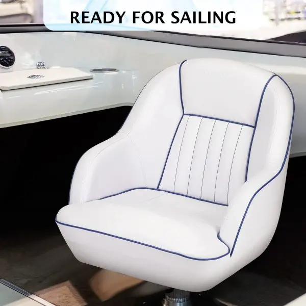 White & Blue Captains Bucket Pontoon Boat Seat – Fold-Back Backrest, Marine-Grade Cabin Seating