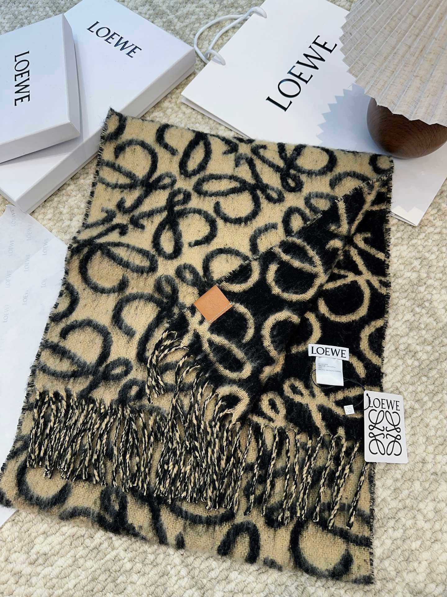 Loewe Mohair Scarf Anagram Black Beige For Women 186cm
