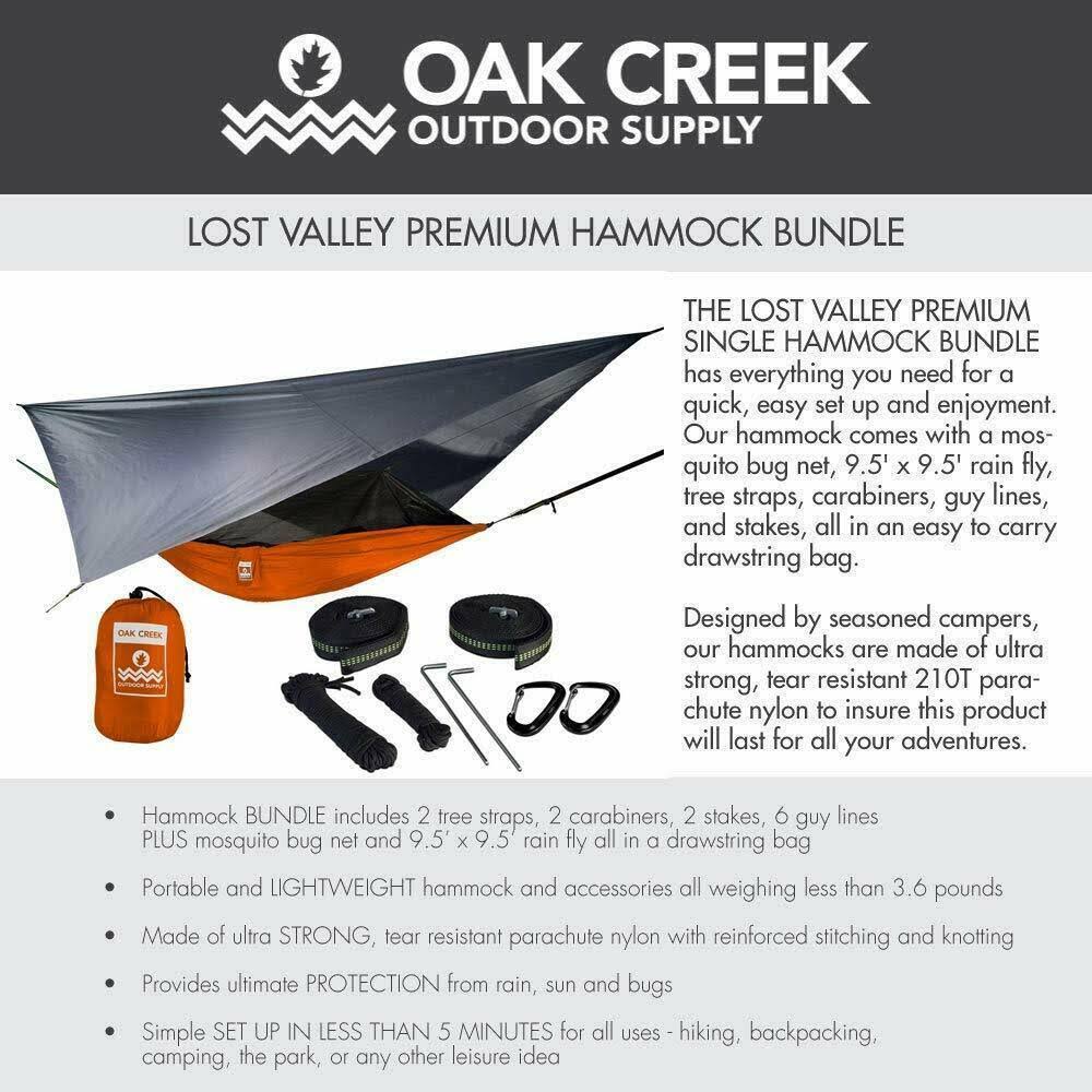 Oak Creek Camping Hammock with Mosquito Net, Rain Fly, Tree Straps and Sack.