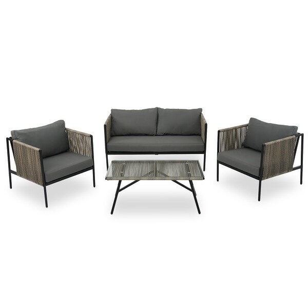 4Piece Rope Patio Conversation Set With Thick Cushions,With Toughened Glass Tabletop