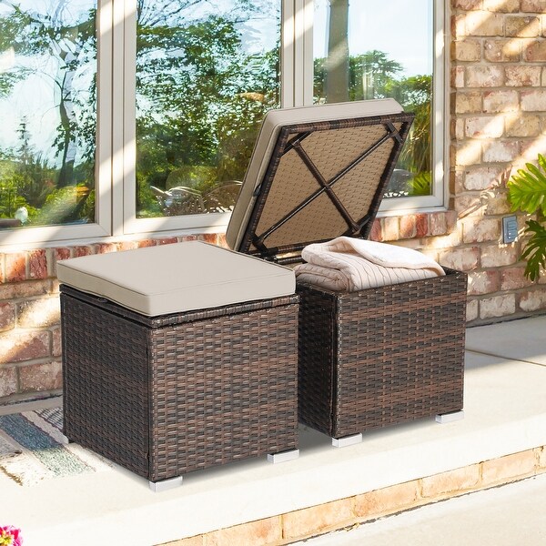 2PCS Patio Rattan Ottomans Seat Side Table Storage Box Footstool